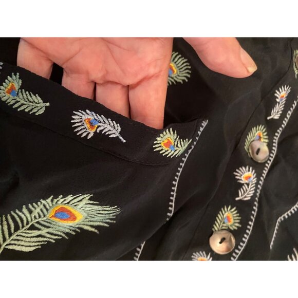 Papy Boez Black Boho Jacket Embroidered Peacock Feather Design Button Front M/L - Picture 5 of 8